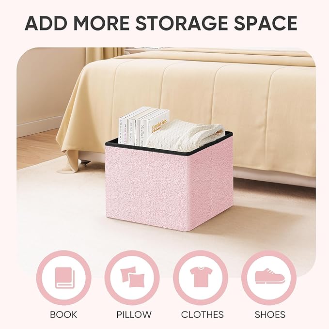 PINPLUS Sherpa Storage Ottoman Footrest Stool - Plush Foldable Cube with Hidden Compartment, Multi-Functional Furniture for Living Room, Bedroom, Office - Pink, 16.5”L x 12.6”W x 12.6”H