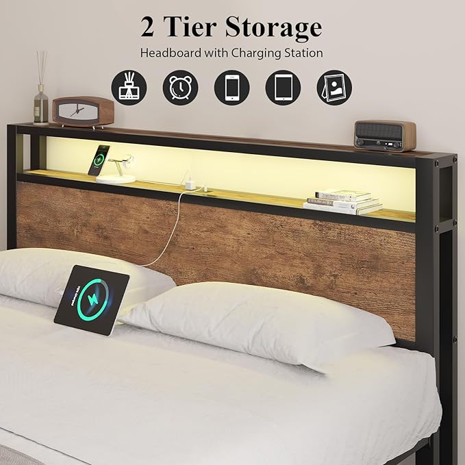 Queen Size Bed Frame with Storage Headboard, Industrial Platform Bed with Charging Station and LED Lights, Heavy Duty Metal Slats, No Box Spring Need, Noise Free, Rustic Brown