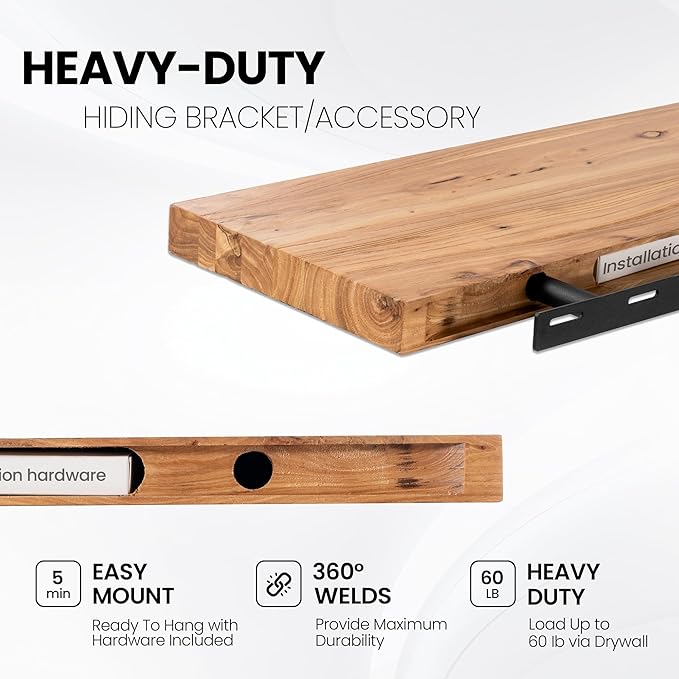 Floating Shelves for Wall, 32"W x 9.3"D x 1.5"H Rustic Solid Elm Wood Wall Shelves, Set of 2 with Invisible Heavy-Duty Metal Bracket, Deep Floating Shelf for Living Room Kitchen, Natural