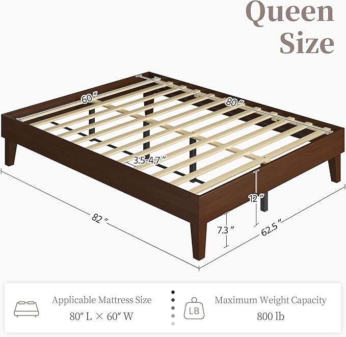 Yaheetech Queen Bed Frame Natural Solid Wood Platform Bed with Wooden Slats Support, 7.3-inch Underbed Space for Storage, Noise-Free Design, Easy Assembly, Dark Walnut Finish