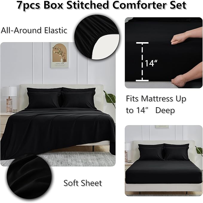 CozyLux Full Size Comforter Sets Black - 7 Pieces Bed in a Bag Full, Oeko-Tex Certified Bed Set, All Season Soft Bedding Set with Down Alternative Comforter, Sheets, Pillowcases & Pillow Shams
