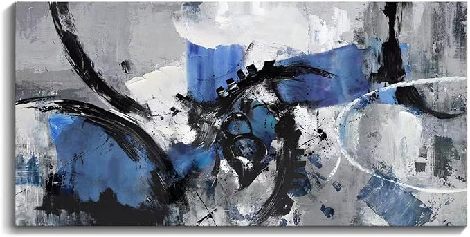 Large Abstract Wall Art - Canvas Wall Art in Blue and Black Tones, Framed Gray Artwork for Living Room, Bedroom, and Office Decorations for Work - Modern Wall Decor and Pictures
