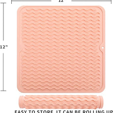 Silicone Dish Drying Mat for Multiple Usage,Easy clean,Eco-friendly,Heat-resistant Silicone Mat for Kitchen Counter or Sink,Refrigerator or Drawer liner Pink M 12 inches x 12 inches