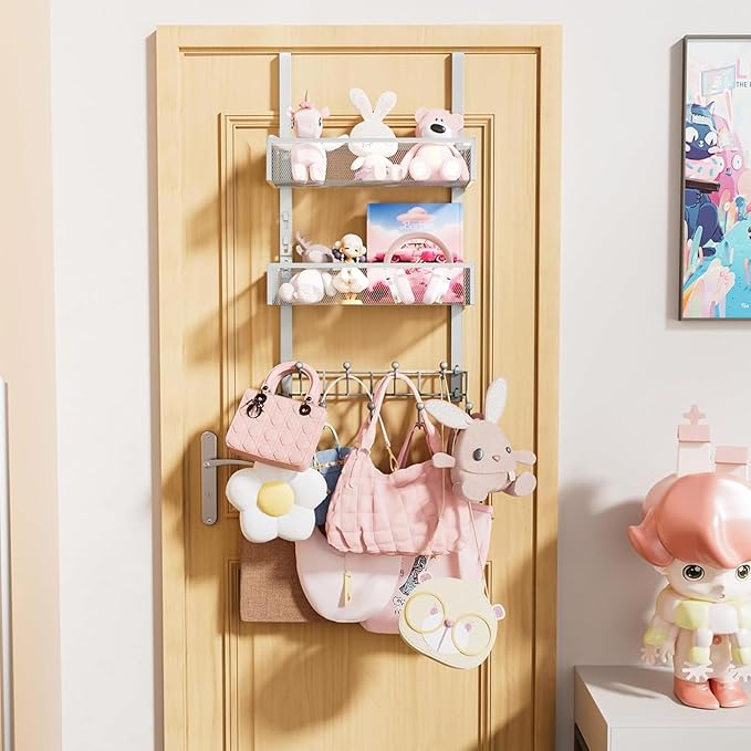 Consumest Over The Door Hooks Organizer - Extra Long Door Hanger with 9 Coat Hooks & 2 Mesh Basket, Back Storage Organizer Hanging Towels for Bathroom, Bedroom, Silver (for 1.76 in Doors)