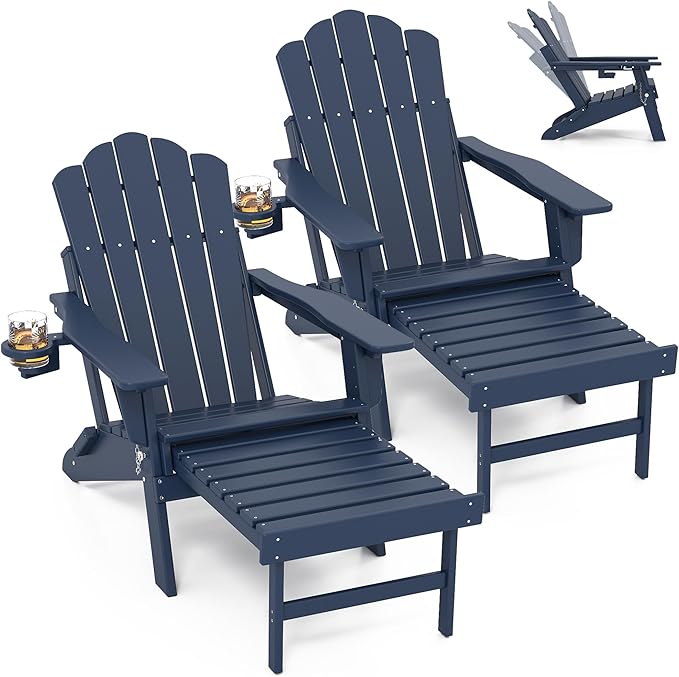 FOOWIN Adjustable Adirondack Chair with Retractable Ottoman Set of 2, Folding Adirondack Chair with Cup Holder, HDPE All-Weather Fire Pit Chair for Patio, Yard, Poolside, Navy Blue