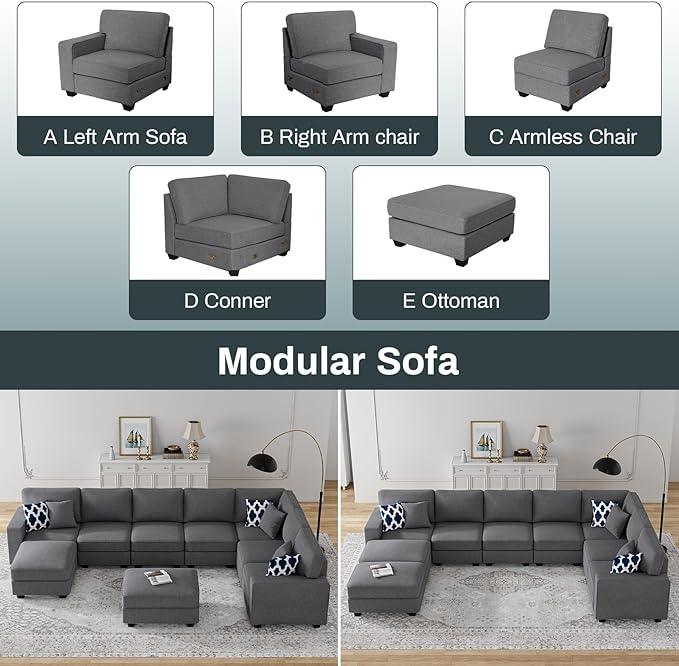 Legend Vansen Modular Sectional Sofa U Shaped Couch with Ottoman Modern Reversible Corner Sectional Couch for Living Room (Dark Grey, U Shaped Sofa-5)
