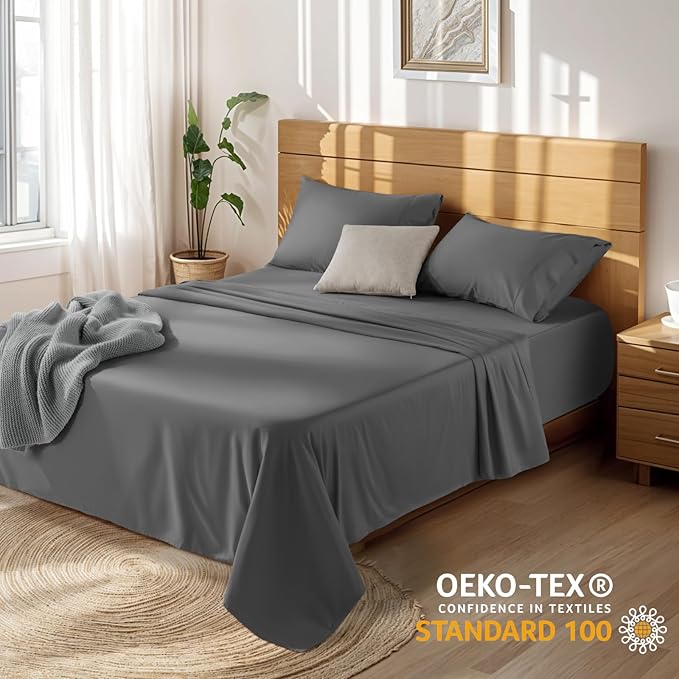 LBRO2M 100% Cotton Sheets Set Deep Pocket 19", 1000 Thread Count California King Size 4 Piece Bed Sheet Sets Soft Comfortable Bedding All Season (California King, Dark Grey) LBRO2MBedding