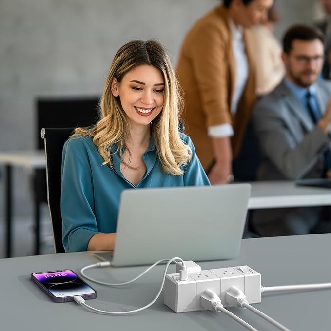 5Ft Outlet Extender Power Strip - Tcstei Flat Plug Extension Cord with 6 Outlets and 3 USB Ports(1 USB C), 3 Side Wall Mount Outlet Extender for Home Dorm Room Essentials, White