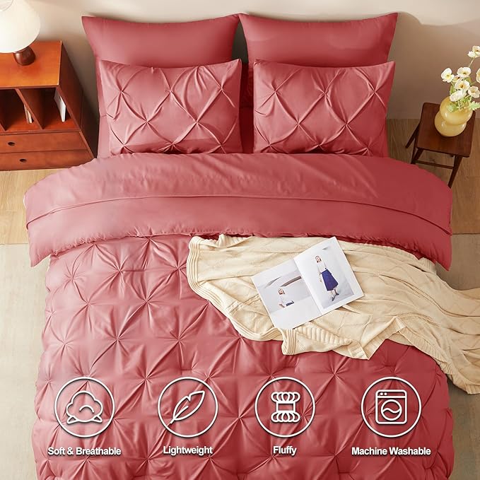 CozyLux King Size Comforter Set Coral, 7 Pieces Pintuck Bed in A Bag Coral Comforter King Size, Pinch Pleat Bedding Set with All Season Comforter, Flat Sheet, Fitted Sheet, Pillowcases & Shams