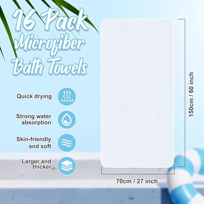 16 Pack Microfiber Bath Towels Bulk 27'' x 60'' Oversized Size Bath Towel Highly Absorbent Extra Large Soft Drying for Shower Beach Winter Salon Sport Gym Party (Lattice,White)