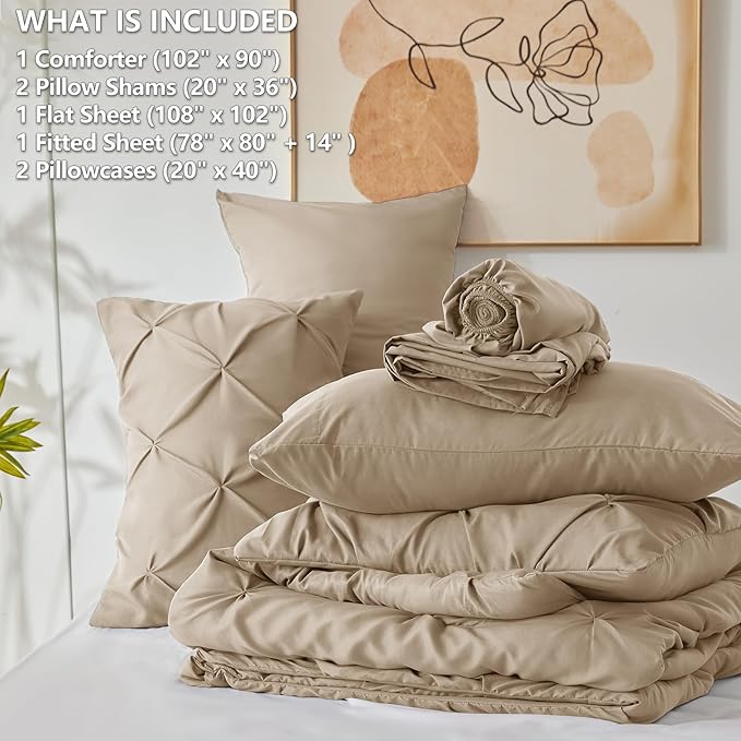 CozyLux King Size Comforter Set Taupe, 7 Pieces Pintuck Bed in A Bag Taupe Comforter King Size, Pinch Pleat Bedding Set with All Season Comforter, Sheets, Pillowcases & Shams
