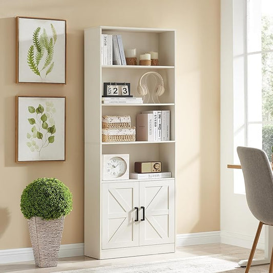 70in Tall Bookshelf 6 Tier Bookcase with Barn Doors and Adjustable Shelf, White Farmhouse Book Shelves with Storage Cabinet