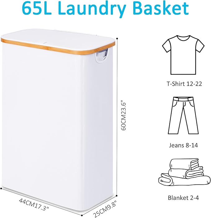 efluky Slim Laundry Basket with Lid, Narrow Laundry Hamper with Removable Bag, Skinny Dirty Clothes Basket with Bamboo Handles for Bathroom, Bedroom & Laundry Room, 65L White
