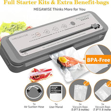 MEGAWISE Vacuum Sealer Machine, 2025 Model with 80kPa Suction Power, One-Touch Operation, Built-in Cutter, Compact Design, Vacuum Bags Included (Grey) (16.14 x 4.02inch)