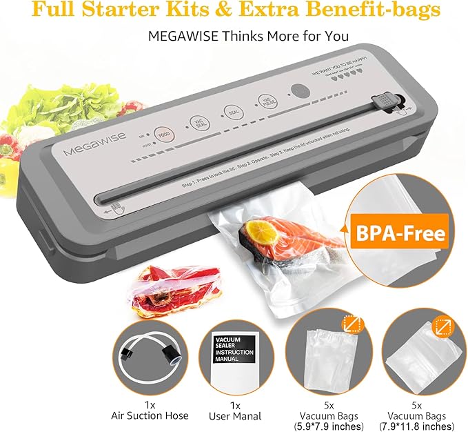MEGAWISE Vacuum Sealer Machine, 2025 Model with 80kPa Suction Power, One-Touch Operation, Built-in Cutter, Compact Design, Vacuum Bags Included (Grey) (16.14 x 4.02inch)