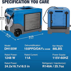 Mounto MOUNTO 268Pints LGR Commercial Compact Dehumidifier with Pump and Drain Hose, LGR Portable Dehumidifier with wheels for Home, Basements, Garages, and Job Sites (Blue)