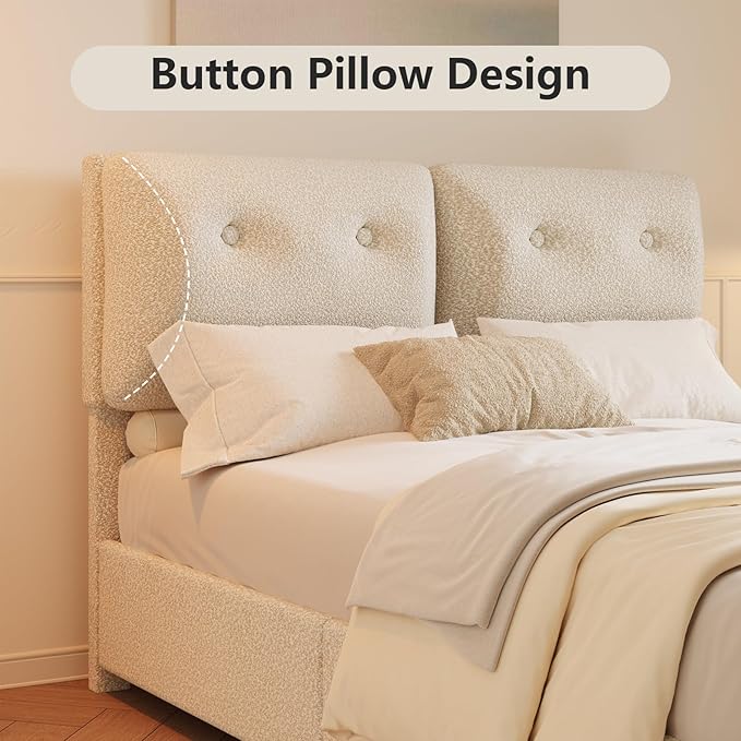 Queen Bed Frame with Headboard, Cloud Boucle Upholstered Bed Frame, Modern Soft Style, Adjustable Headboard, No Box Spring Needed, Easy Assembly, Beige