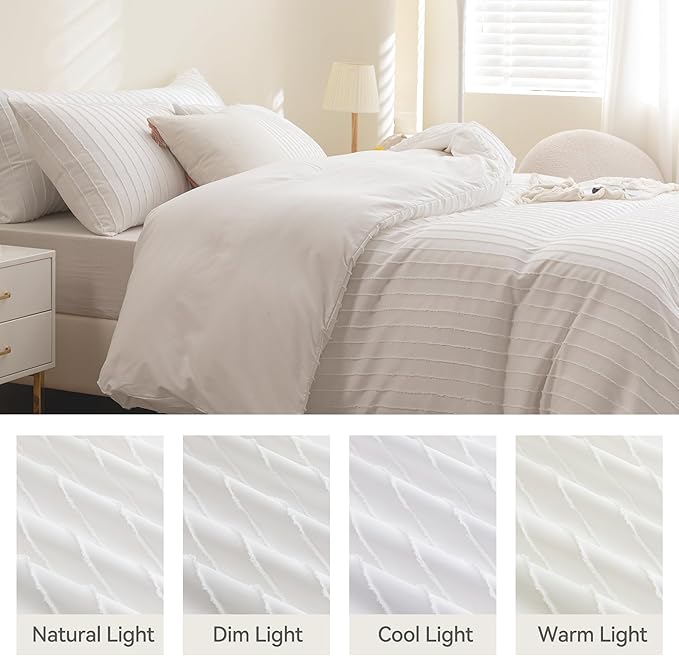 JELLYMONI Duvet Cover King Size White - 3PCS Boho Striped Duvet Cover Set Polyester Tufted Bohemian Textured Comforter Cover 104×90in with Corner Ties & Zipper and 2 Pillowcases