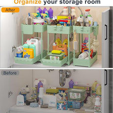 3 Pack Under Sink Organizers, 2-Tier Multi-Use Kitchen and Bathroom Organizers and Storage with Sliding Drawers，Bathroom Cabinet Organizer (Green, 12.8 Inch)