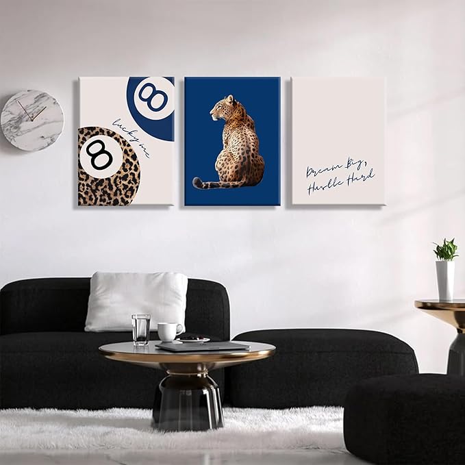 Navy Blue 3 Pcs Leopard Print Canvas Wall Art Cheetah animal prints 8 Ball Lucky Me pictures Trendy Wall decor Y2k aesthetics painting artwork for Apartment Dormitory College Decoration 12x16in
