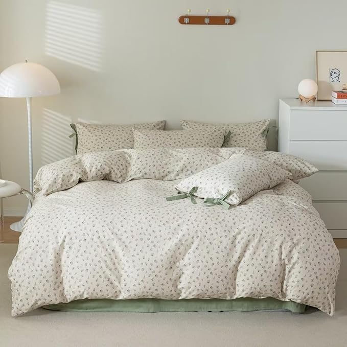 MKXI Fancy Floral Full Size Comforter - Pink White Flower Leaf Pattern Toddler Girl Comforter Set - Soft and Fluffy Textured Garden Aesthetic Bedding