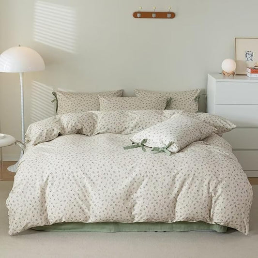 MKXI Fancy Floral Full Size Comforter - Pink White Flower Leaf Pattern Toddler Girl Comforter Set - Soft and Fluffy Textured Garden Aesthetic Bedding