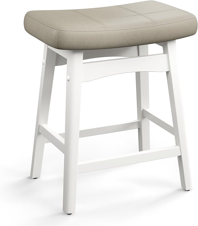 MAISON ARTS Beige Counter Height Bar Stool for Kitchen Counter Solid Wood Legs with Faux Leather Saddle Seat Farmhouse Barstools for 34"-38" Counter Island Upholstered Stools, 24in Height