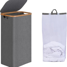 efluky Slim Laundry Hamper with Lid, Narrow Laundry Hamper with Removable Bag, Collapsible Dirty Clothes Basket with Handles for Bathroom, Bedroom & Laundry Room, 75L Grey