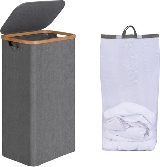 efluky Slim Laundry Hamper with Lid, Narrow Laundry Hamper with Removable Bag, Collapsible Dirty Clothes Basket with Handles for Bathroom, Bedroom & Laundry Room, 75L Grey