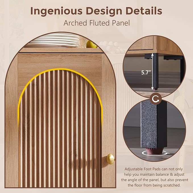 Bathroom Cabinet with Storage, 61.75" W Fluted Arched Free Standing Floor Cabinet w/Adjustable Shelves, Modern Sideboard Cabinet for Bathroom, Kitchen, Living Room, Entryway, Natural