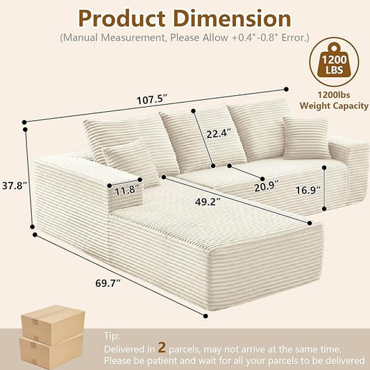 107" Cloud Sectional Couch with L-Shape Chaise, Modern Modular Comfy Sofa with Deep Seat, Upholstered Corduroy Couches Sleeper Chaise Longue for Living Room Bedroom, No Assembly Required, White