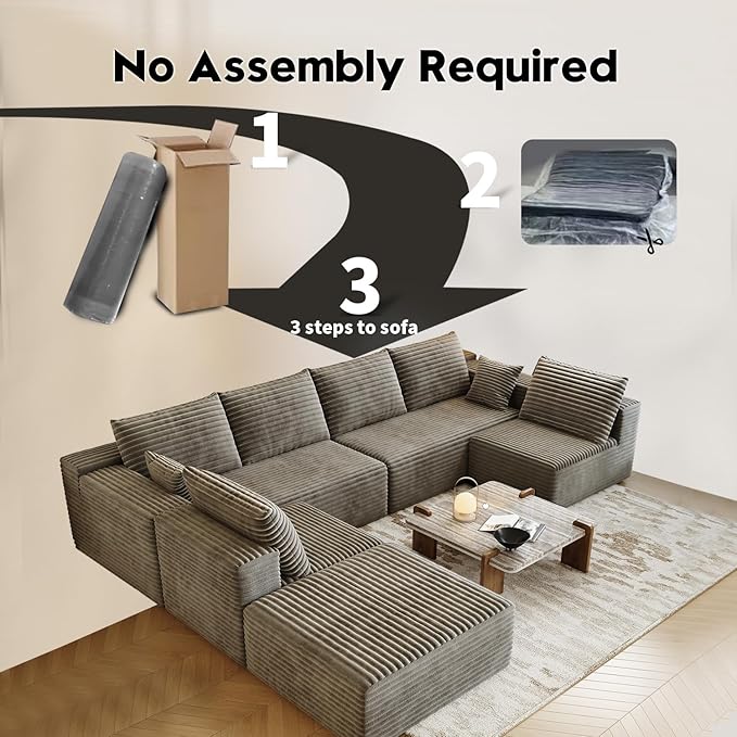139.4" Modular Sectional Sofa, Oversized U-Shaped Minimalist Couches with 2 Middle Seats and 1 Ottoman Chaise, Modern Deep Seat Convertible Sleeper Sofa, Cloud Plush Corduroy Fabric,7 Seater, Camel