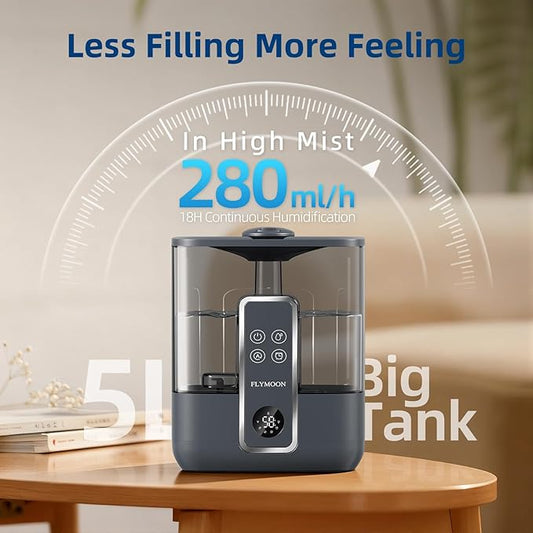 FLYMOON Smart Humidifiers for Bedroom, 5L Top Fill Cool Mist Humidifiers for Large Room, 50H Runtime, 28 dB Quiet,12H Timer, App Control, Ultrasonic Humidifier for Plants, Baby, Indoor, Home, Black