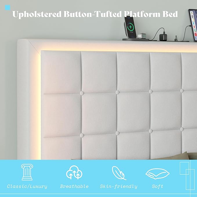 AMERLIFE King Size Button Tufted Platform Bed Frame with LED Lights, Upholstered Bed Frame with Charging Station, Wood Slat Support, Mattress Foundation, White