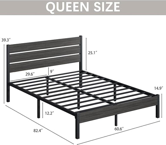 Queen Bed Frame with Headboard and Footboard, Metal Platform Bed Frame with Under Bed Storage, All-Metal Support System, No Box Spring Needed, Easy Assembly,Vintage Grey