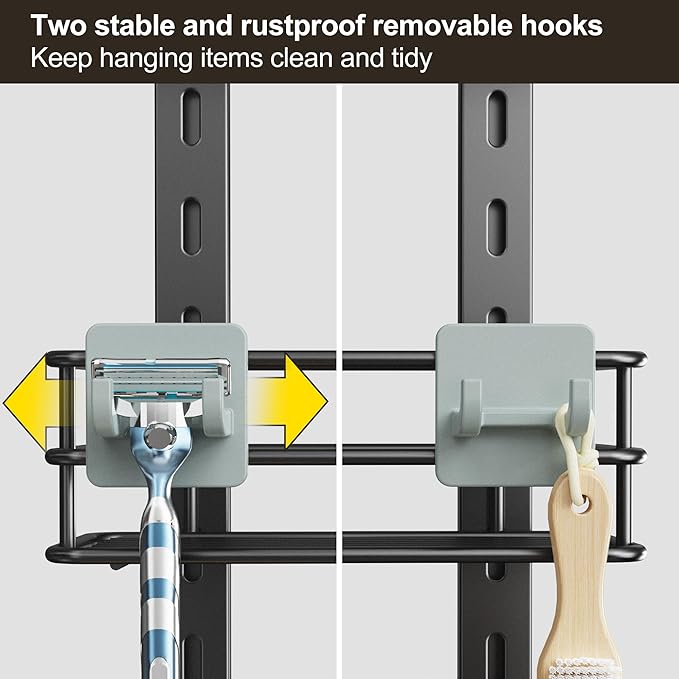 Orimade Adjustable Anti-slip Shower Caddy over Shower Head, Rustproof Bathroom Hanging Shower Organizer with 2 Hooks for Razor, No Drilling Shelves Storage Rack 2 Tier, Grey
