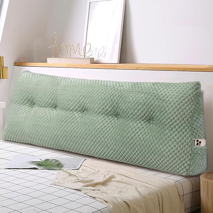 Large Triangular Headboard Wedge Pillow Soft and Supportive Headboard Backrest Positioning Support Bolster Cushion, Bed Wedge Pillow with Removable Cover(Green,King,76x8x20inch)