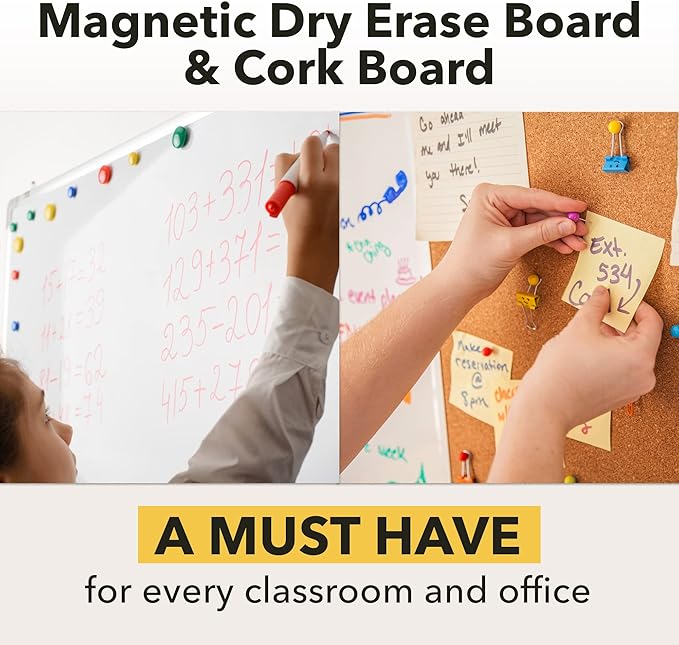 Vision Board 2025: Dry Erase Cork Board Combo Set - 20" x 28" Magnetic White Board and Cork Bulletin Combination Board, Use as Message Board, Memo Board - w/Markers, Eraser, Magnets, Push Pins