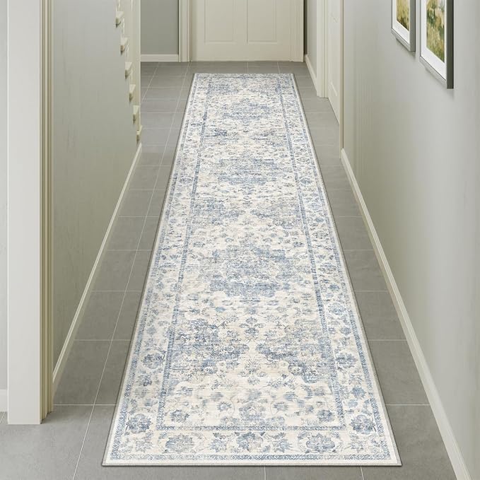 2x12 Washable Neutral Runner Rug Blue Vintage Hallway Kitchen Carpet Non-Slip Soft Low Pile Floral Throw Rug for Bedroom Bathroom Laundry Living Room