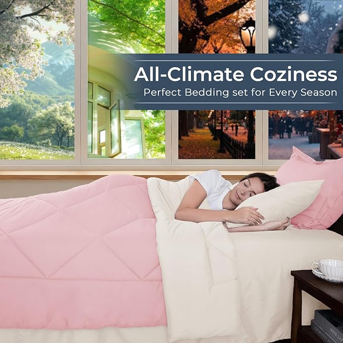 HEVUMYI Twin Comforter Set - 5-Piece All Season Bed in a Bag Twin, Ultra Soft Bedding Set with Comforter, Flat Sheet, Fitted Sheet, Pillowcases, Pillow Shams, Pink & Ivory