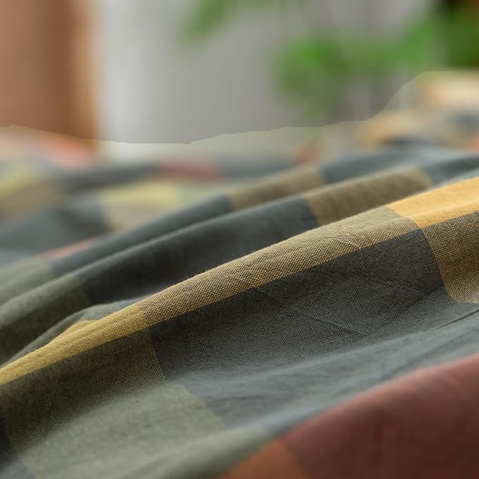 VM VOUGEMARKET Washed Cotton Bedding Set King Colorful Plaid Duvet Cover Set 3 Pieces Orange Grey Green Grid Duvet Cover with Zipper Ties for Men Women-104x90 Inch