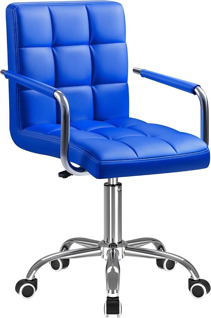 Furmax Mid-Back Office Task Chair Ribbed PU Leather Executive Chair Modern Adjustable Home Desk Chair Retro Comfortable Work Chair 360 Degree Swivel with Arms (Blue)