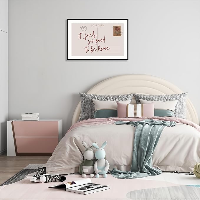 Retro Postcard Poster Neutral Feels So Good To Be Home Wall Art Trendy Pink Girly Room Decor Funky Quotes Canvas Prints Modern Stamp Sign Aesthetic for Dorm Apartment Bedroom 12x16in Metal Black Frame