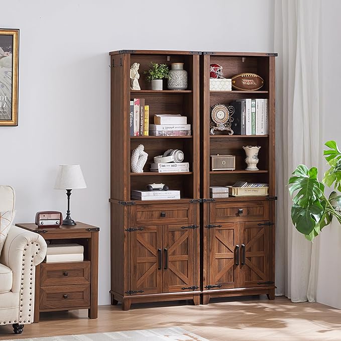 72in Tall Bookshelf 7 Tier Bookcase with Drawer and Barn Doors and Adjustable Shelves, Brown Farmhouse Book Shelf with Storage Cabinet, Wood Freestanding Display Bookshelves for Kitchen (3PCS)