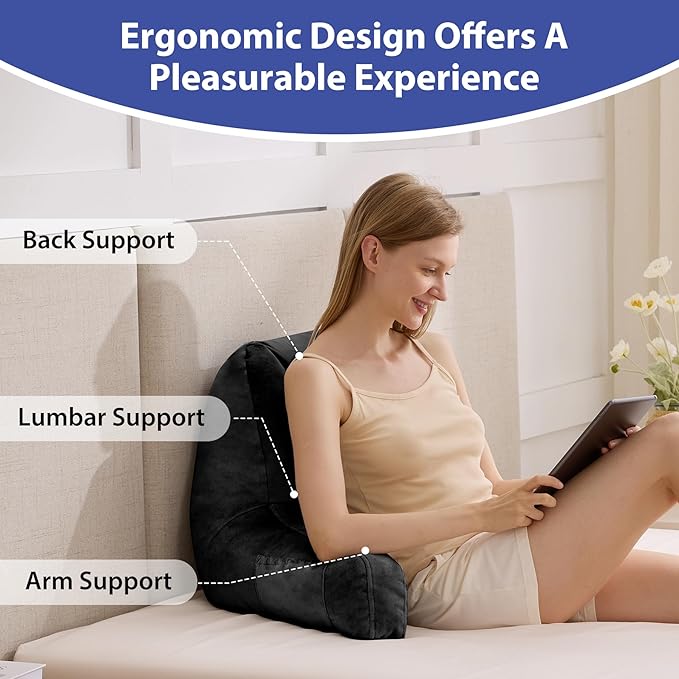 Reading Pillows for Sitting in Bed Adult, Back Pillow for Bed Sitting Up, Backrest Pillows with Shredded Foam for Adult&Teens, Support Pillow with Arms for Beds, Couch, Floor, 20in, Black