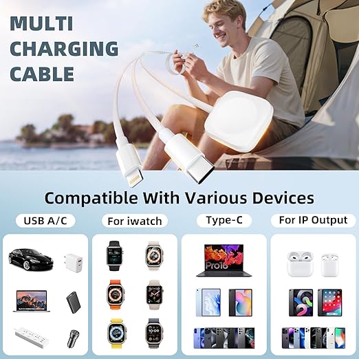 Travel Charger for Apple Watch, 3 in 2 Multi Charging Cable/Cord with Lightning/USB C/iWatch Charger, Travel Chargers for Multiple Devices, Compatible with iWatch Series/iPhone 17-8/iPad/AirPods 4FT
