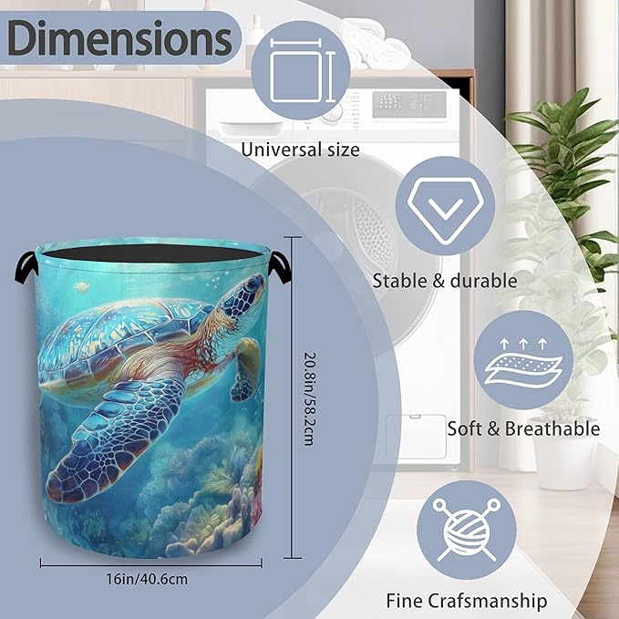 SeaTurtle Ocean Laundry Hamper,Coral Dirty Clothes Laundry Basket with Handles Waterproof Oxford Cloth Storage Basket for College Dorms Bathroom Bedroom 16" x 20.8"