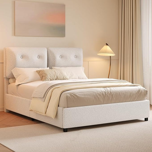 Queen Bed Frame with Headboard, Cloud Boucle Upholstered Bed Frame, Modern Soft Style, Adjustable Headboard, No Box Spring Needed, Easy Assembly, White