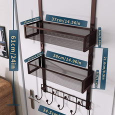 Consumest Over The Door Hooks Organizer - Extra Long Door Hanger with 9 Coat Hooks & 2 Mesh Basket, Back Storage Organizer Hanging Towels for Bathroom, Bedroom, Bronze (for 1.76in Doors)