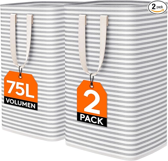 Lifewit 2 Pack Double Freestanding Clothes Hamper with Carry Handles, Large Tall Laundry Basket for Organization for Adults in Laundry Room Dorm Bedroom, Gray, 2 x 76L
